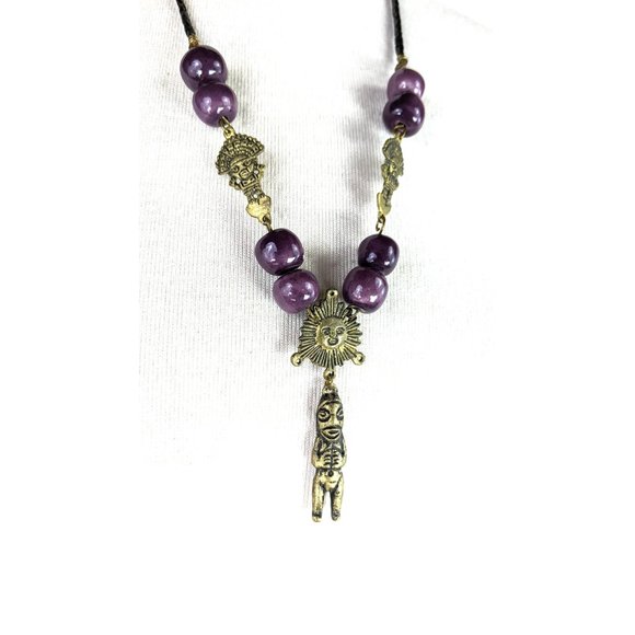 Tribal purple glass beaded gold metal Aztec Mayan style bead necklace - Picture 2 of 5